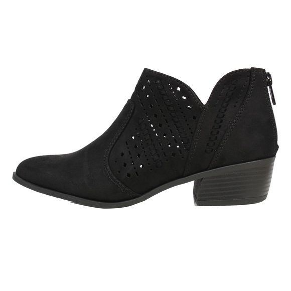 Shoes - Black Faux Suede Perforated Low Heel Ankle Boot